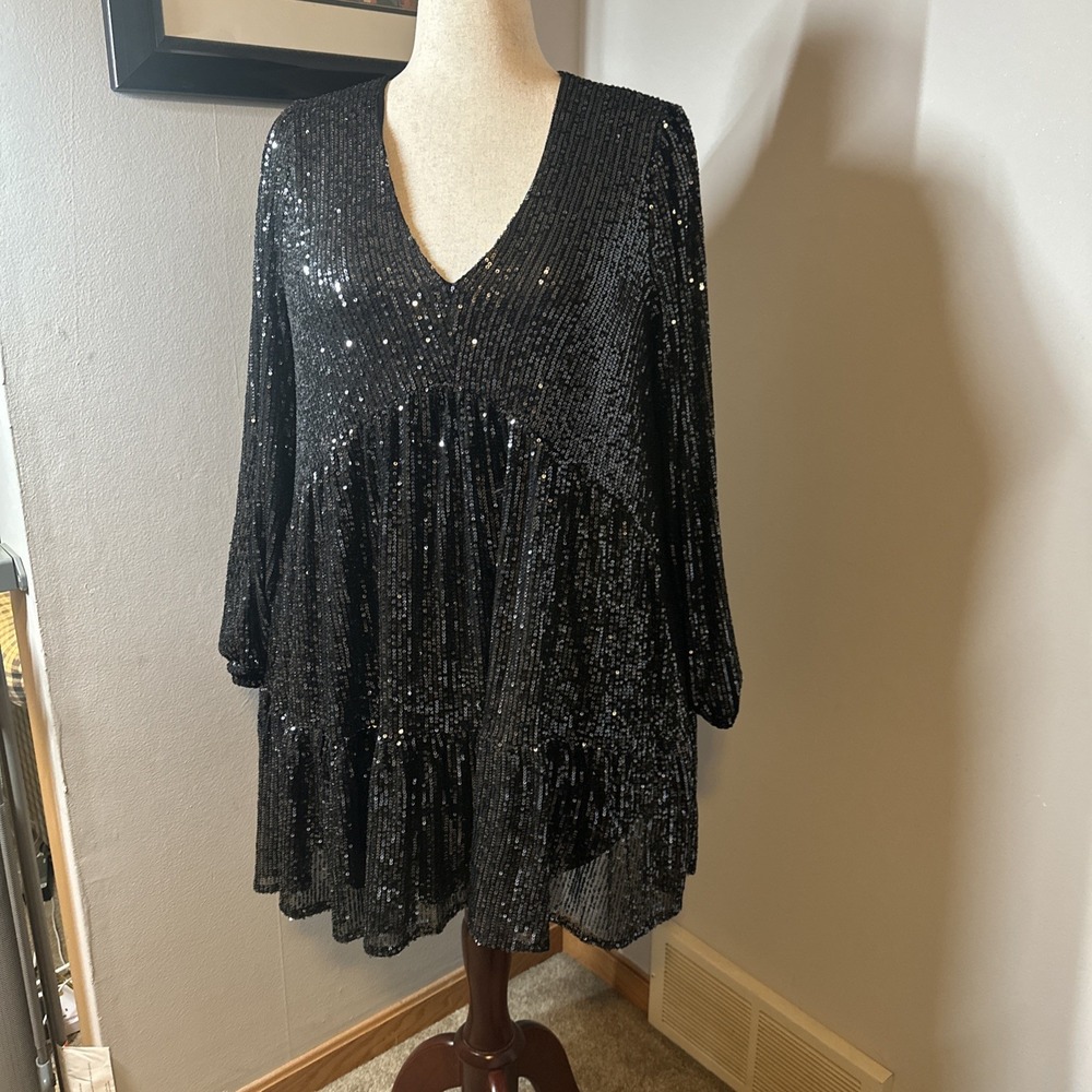 Code x Mode Womens Size Large Black Sequin V-Neck Party Dress‎ Long Sleeve